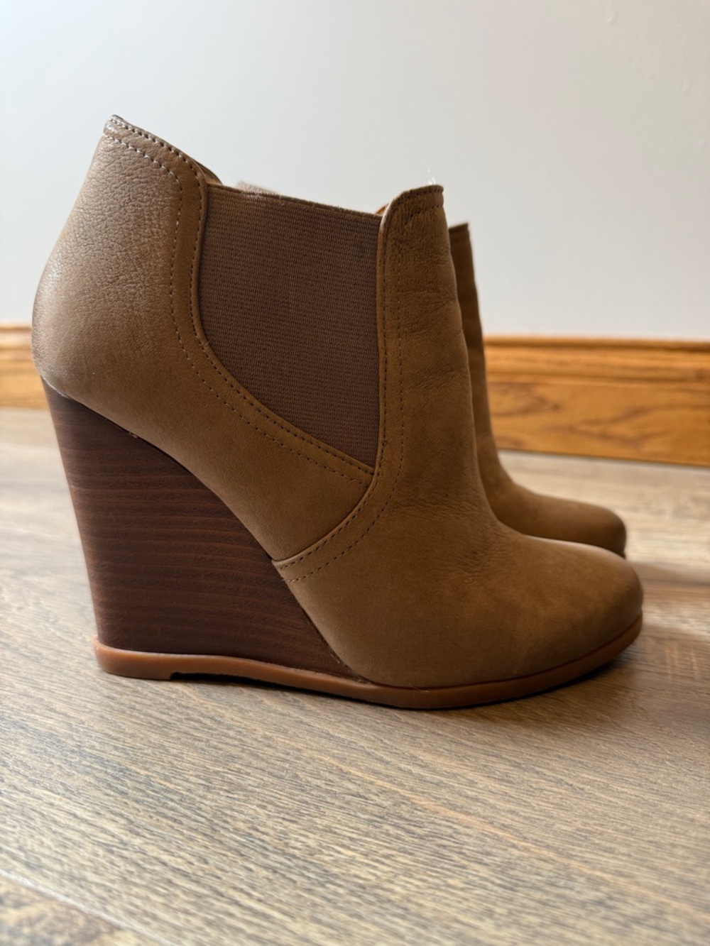 Audrey Brooke Tan Wedge Ankle Boots